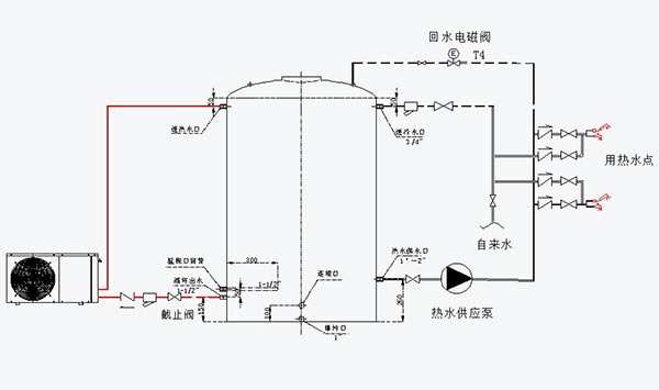 小工程水循环家用热泵热水器管路连接示意图(如1.5HP、2.5HP、小3HP)
